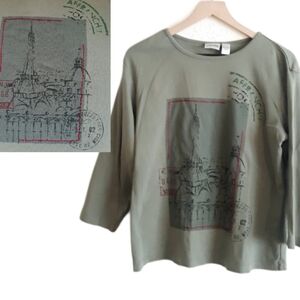Chico's Paris France Eiffel Tower Postage Stamp Shirt - Size 3 / XL Green